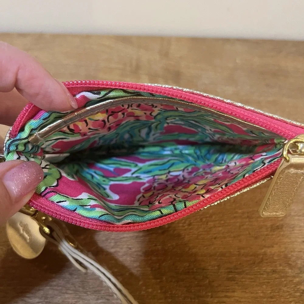 Lilly Pulitzer Gold Metallic Zip Coin Purse Wristlet Pink Lining Logo Charm